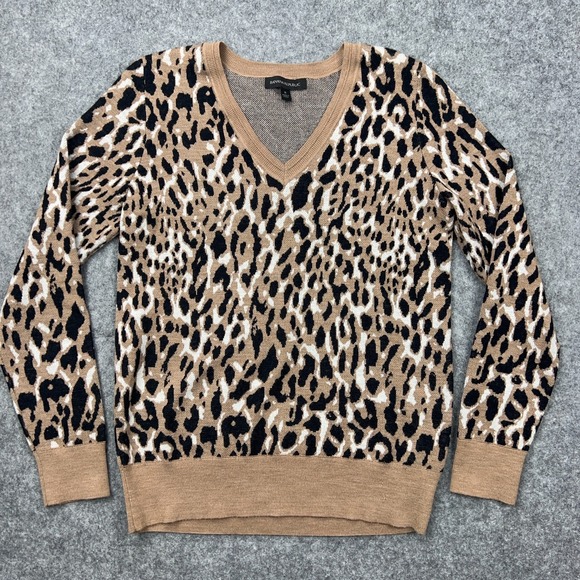 Banana Republic Sweater Womens Small Leopard‎ Merino Wool Blend V Neck Pullover - Picture 2 of 11